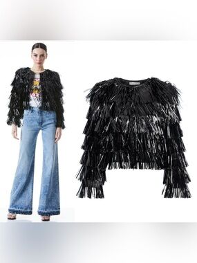 NWOT Alice + Olivia Fawn Fringe Tinsel Jacket In Black. Size M
